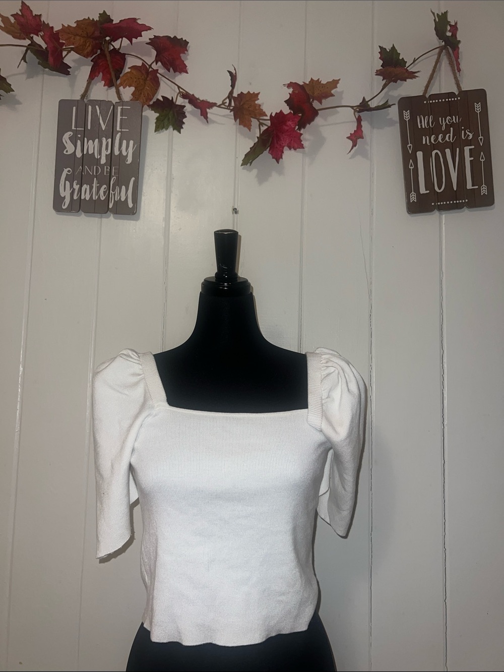 💕💕Fashion nova White Square-Neck Puff Sleeve Knit Top large